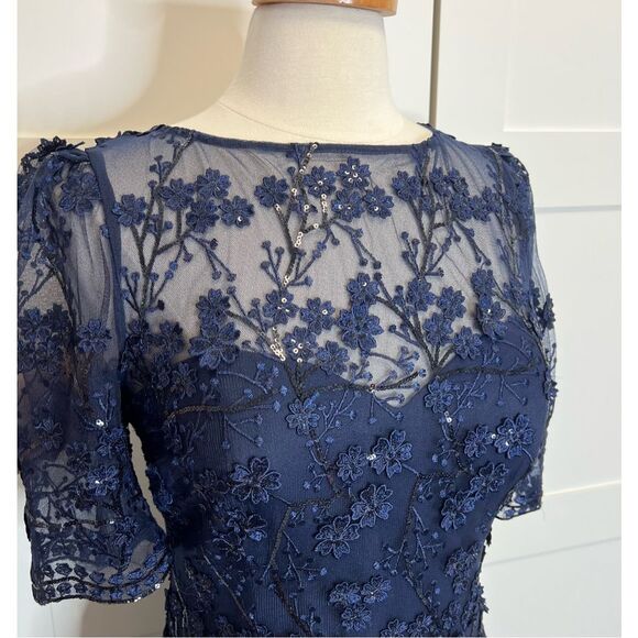 Teri Jon By Rickie Freeman Womens Blue 3D Embroidered Lace Midi Dress Size 14 - Picture 3 of 8